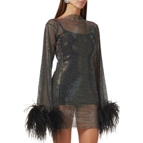 Santa Brands Dresses & Skirts - Santa Brands Black Rhinestone Ostrich Feather Mini Dress